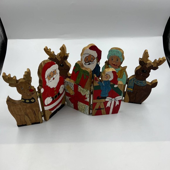 Vintage Handmade Wooden Folding Christmas Santa Mrs. Claus Reindeer Elf Decor - Picture 2 of 9